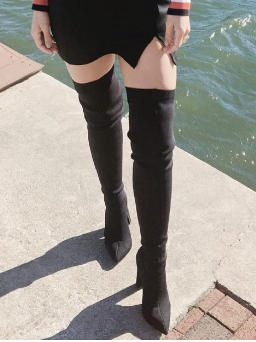 Thigh high stretchy Black boots block heel